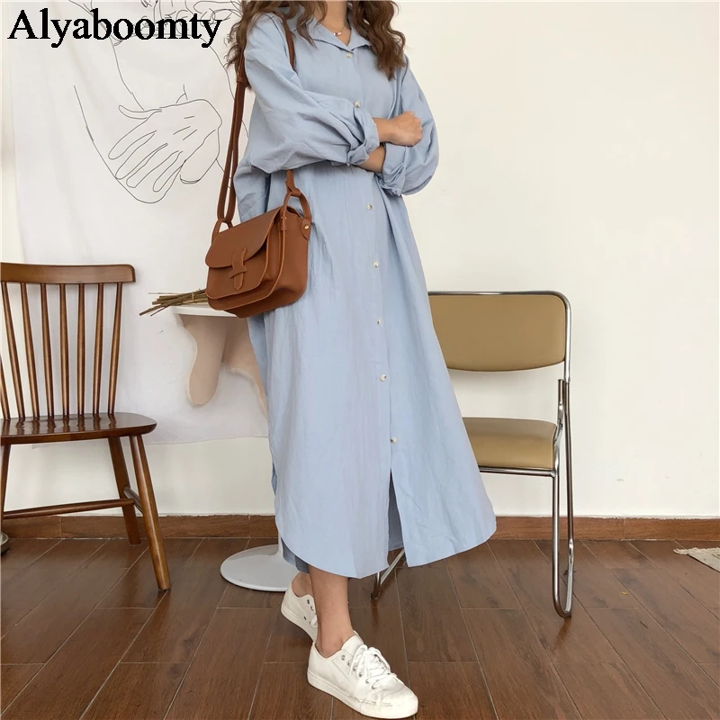 2020 корейский стиль весна осень женское платье рубашка отложной воротник белый