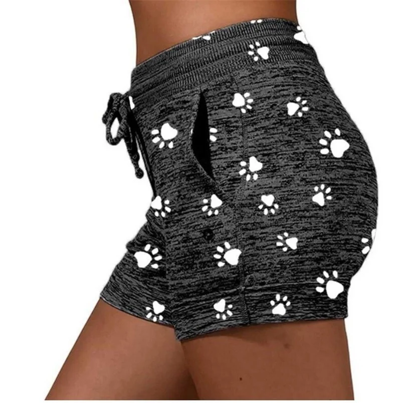 

Women Loose Lace Up Black Harajuku Short Plus Size 2021 Dog Paw Print Casual Fashion Slim Elastic Band Shorts Female Streetwear