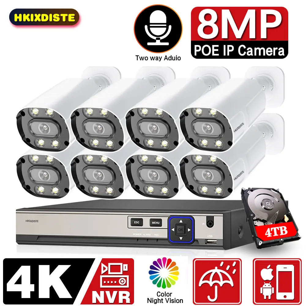 

Two-way Audio Video Surveillance IP POE Camera Set 4K 8ch NVR Kit HD Color Night Vision 8 Channels CCTV Security Camera System