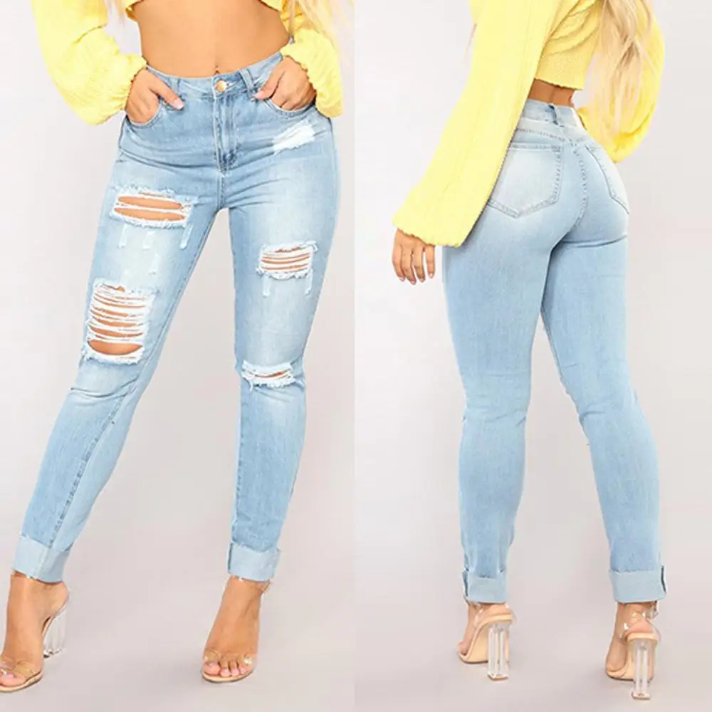 

New Ripped Jeans Women Blue Denim Jeans Pancil Pants Fashion High Waist Slim Hole Casual Stretch Trousers Jeans