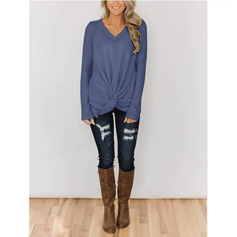 2019 модная футболка с вафельным воротником женская круглым вырезом и длинным