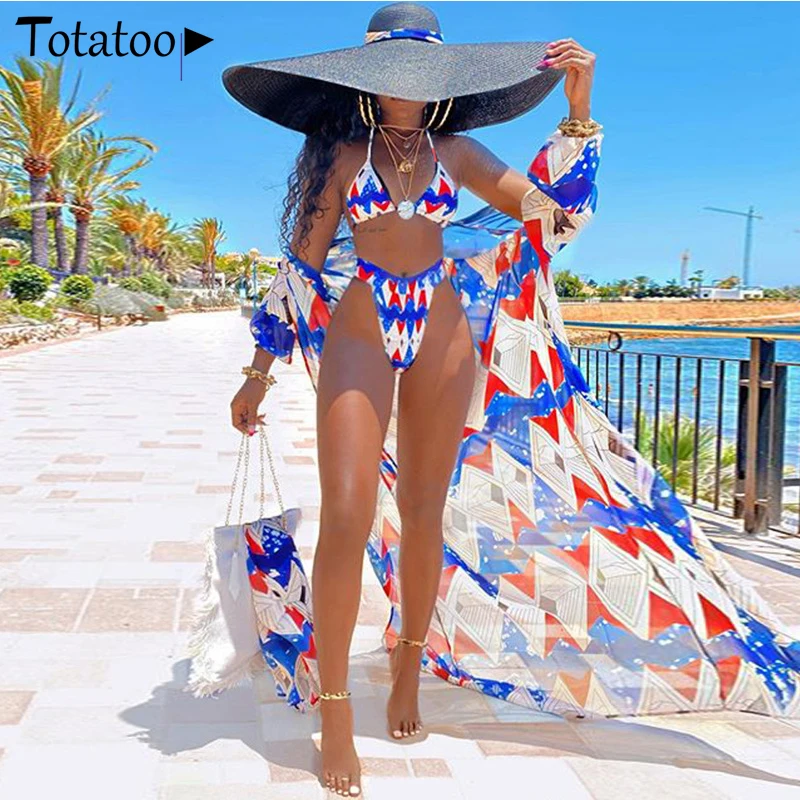 Totatoop Women 3 Piece Bikini Sets 2021 Sexy Floral Print Boho Long Cover Up Swimsuit Swimwear Bra Push Up Beachwear Cardigan