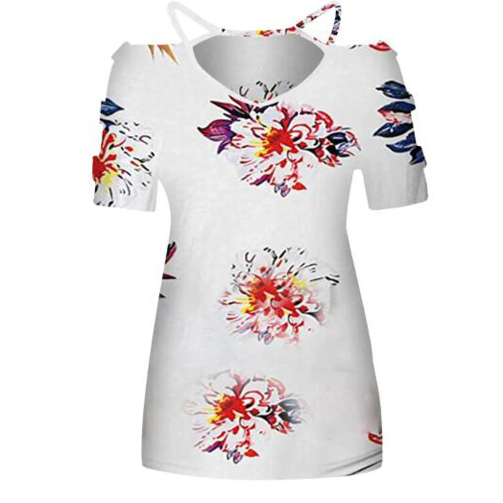 

40# Bohemian V Neck Floral Printed Women'S Blouse Vintage Short Sleeve Blouses Summer 2021 Casual Pullover Ladies