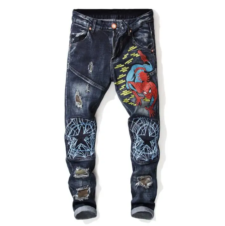 Embroidered spider jeans mens knickers ripped micro-stretch men's pants Original design autumn winter European American style