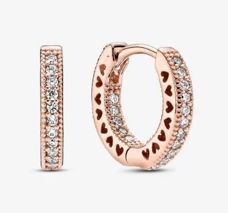 

925 Sterling Silver Earring Signature Rose Sparkling Heart Hoop Earrings For Women Wedding Party pandora Jewelry