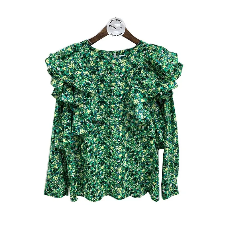 

Sweet Fashion Green Chiffon Shirt Tops Designer summer Women Ruffles Long Sleeve casual Blouses Fmeale