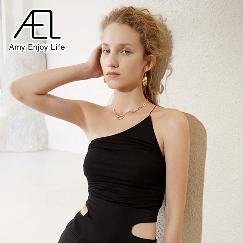 

AEL Sexy Halter BacklessTop Women Elastic Knitwear One Shoulder Lady Summer Tops Slim Blouse Woman Black