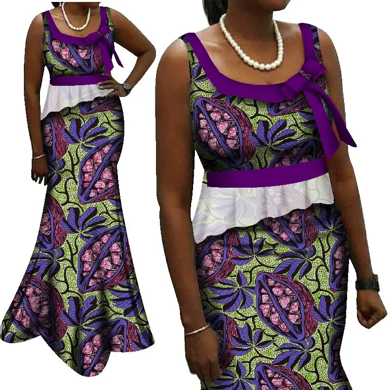 

2019 autumn African dresses for women ankara traditional clothing Batik wax print sleeveless maxi dress with yarns wy1349