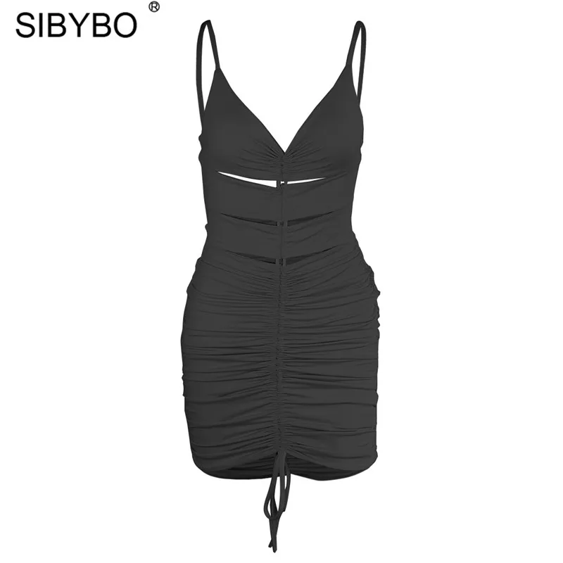 Женское платье на бретельках Sibybo летнее плиссированное с v-образным вырезом и