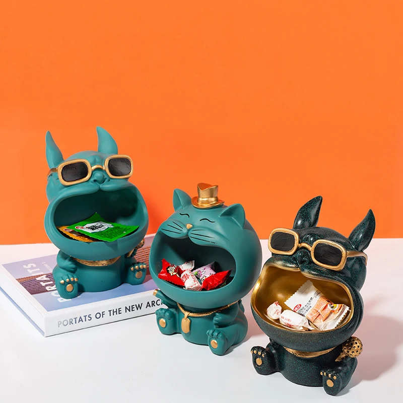 

Creative Resin Sunglasses Big Mouth Dog And Social Cat Storage Box Figurine Crafts Ornament Candy Organizer Nordic Home Decor