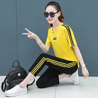 casual 2 piece set women 2020 spring and summer new cotton loose summer thin two piece set stripe clothes red yellow