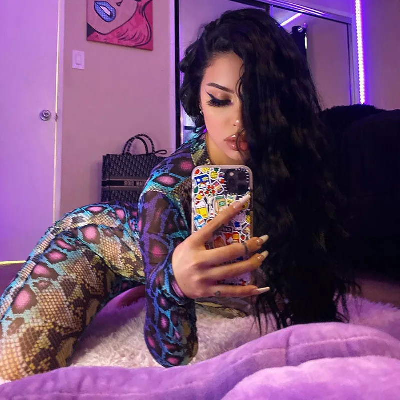 

long sleeve Snake print jumpsuit women casual skinny bodycon sexy rompers bodycon jumpsuit white jumpsuits for women 2020