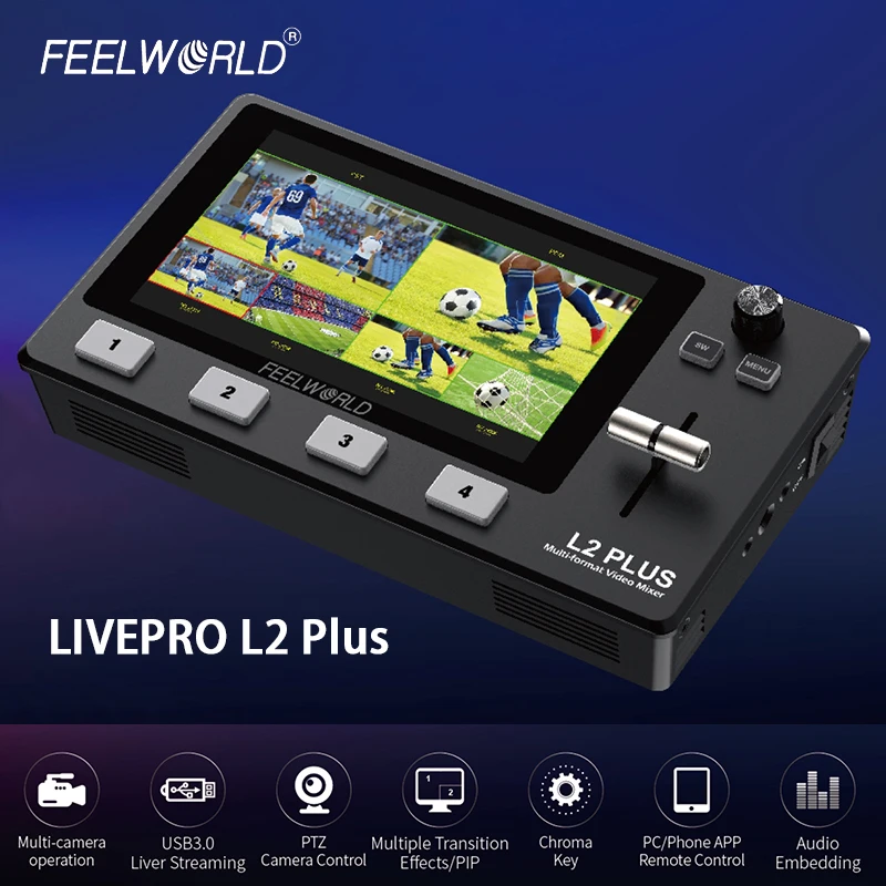 

Мультиформатный смеситель для видеосъемки Feelworld L2 Plus, переключатель 5,5 дюйма, сенсорный монитор, управление через приложение PTZ, вырез на зел...