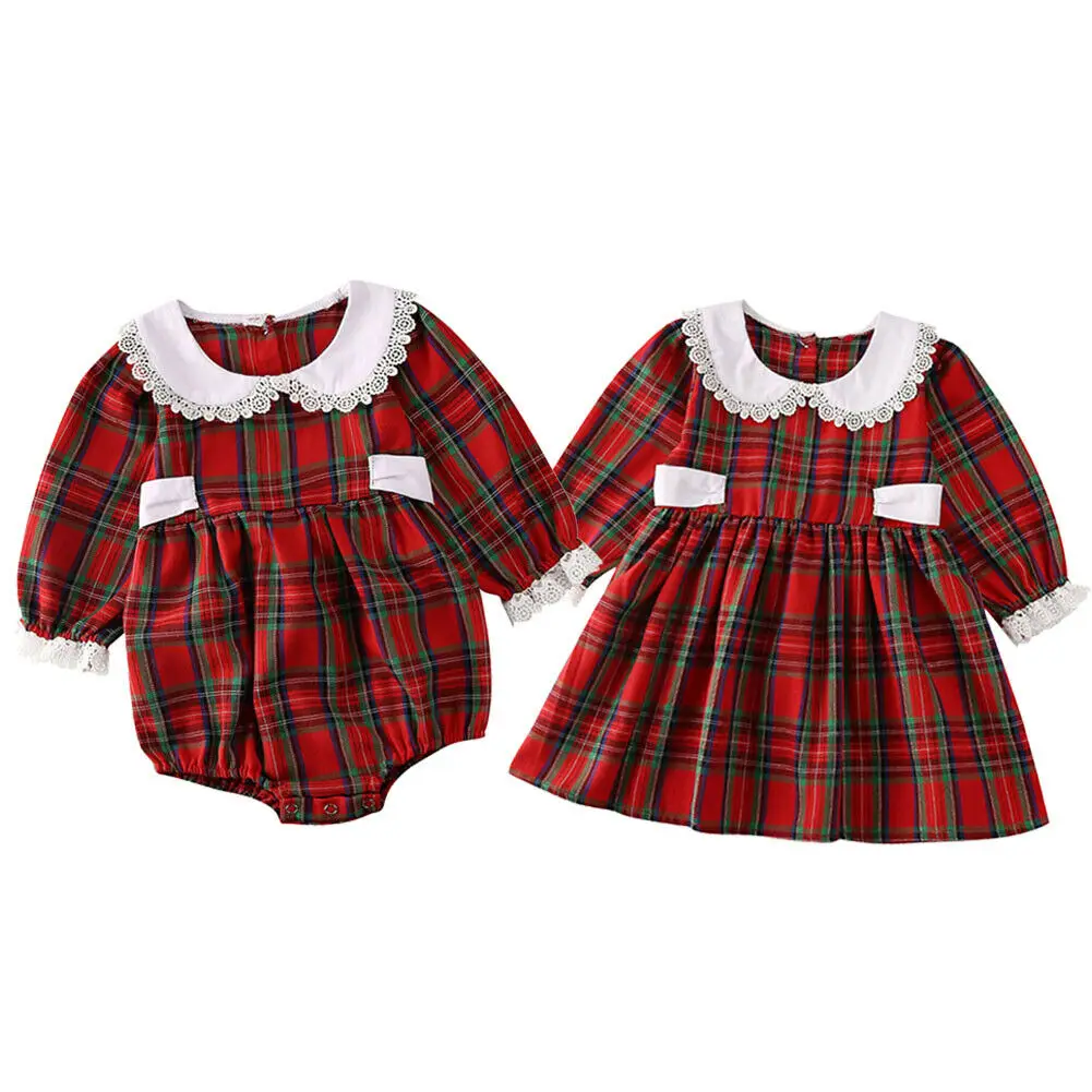 Toddler Baby Girl Christmas Romper Dress Plaid Print Long Sleeve Lace Clothes Outfit | Детская одежда и обувь