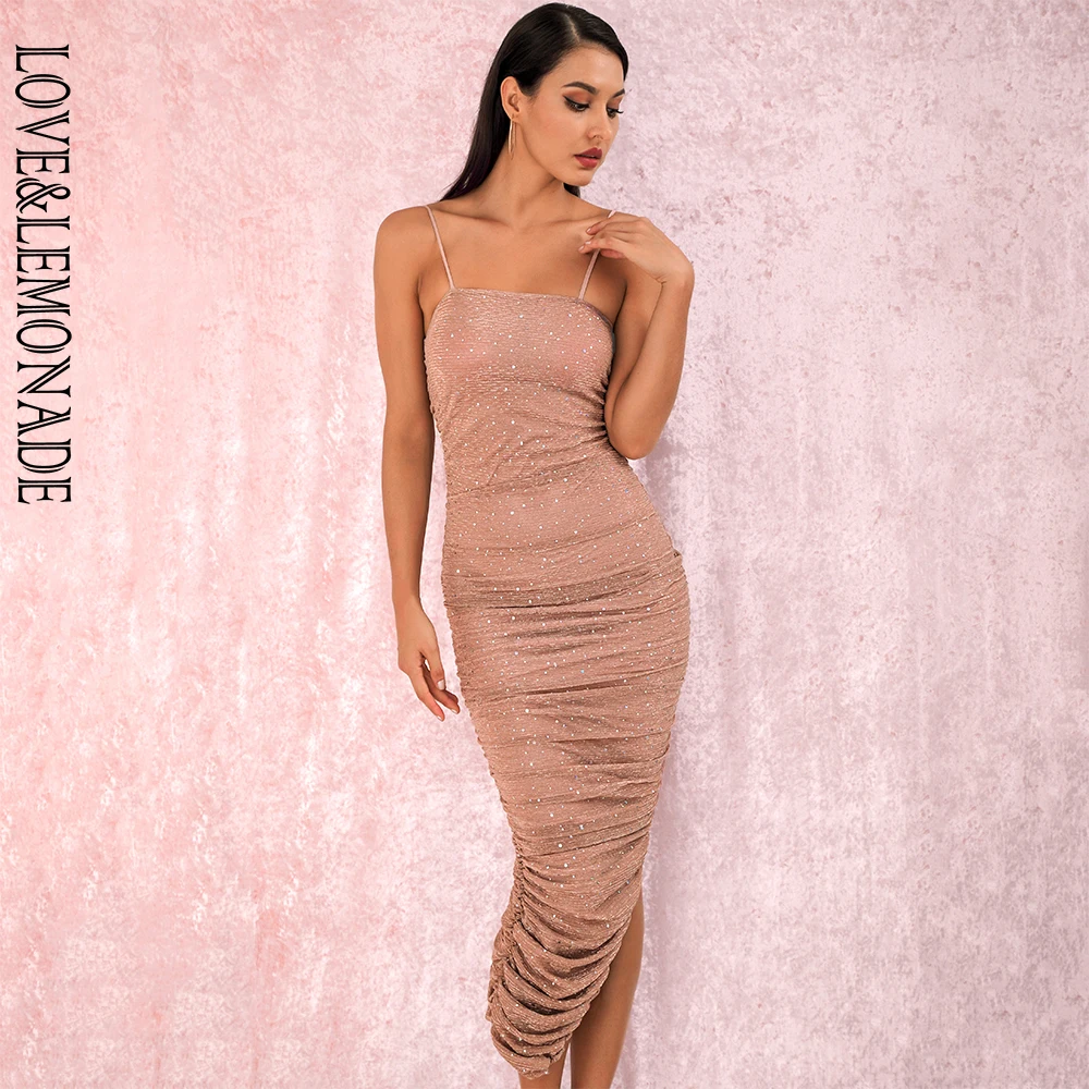 Женское вечернее платье LOVE & LEMONADE облегающее плиссированное телесного цвета с