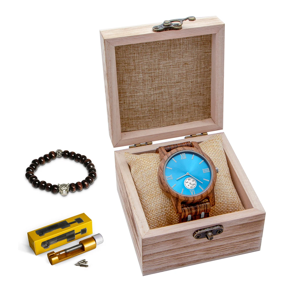 Часы мужские с гравировкой под заказ деревянные кварцевые роскошные синим