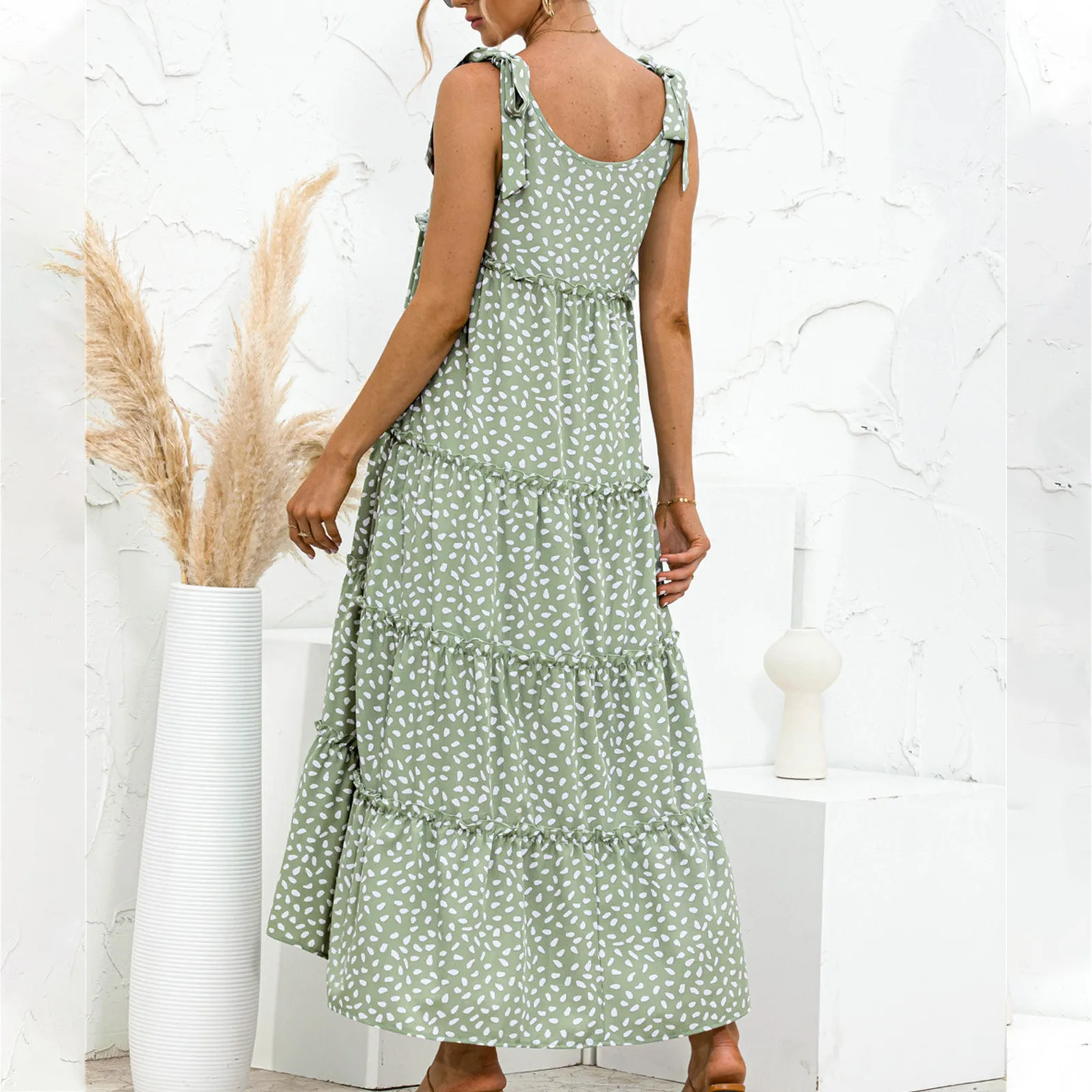 

Women Loose Casual Floral Dress Fashion Sexy Sleeveless Digital Print Round Neck Splice Summer Midi Dress Plus Size Vestidos