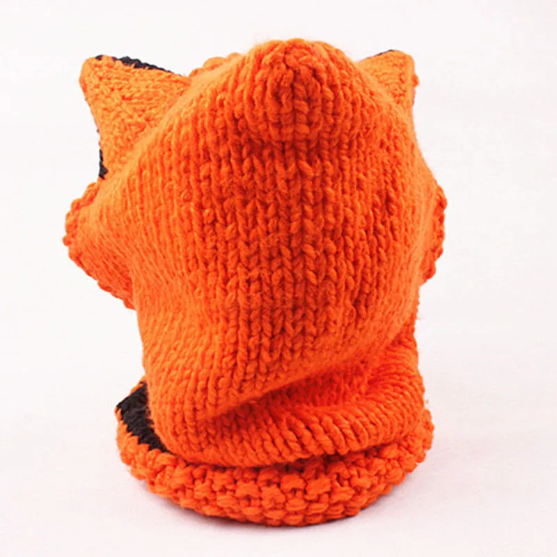 Winter Children Caps Cartoon Fox Knitted Hats For Girls Shawl Baby Photography Props Warm Neck Wrap Kitten Scarf Boys | Детская одежда