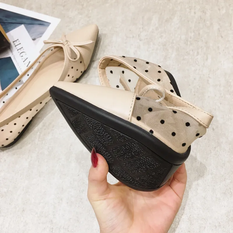 

2021 Summer Polka Dot Breathable Air Mesh Patchwork Bowknot Pointed Toe Flats Casual Comfortable Shallow Women Shoes Slip-On