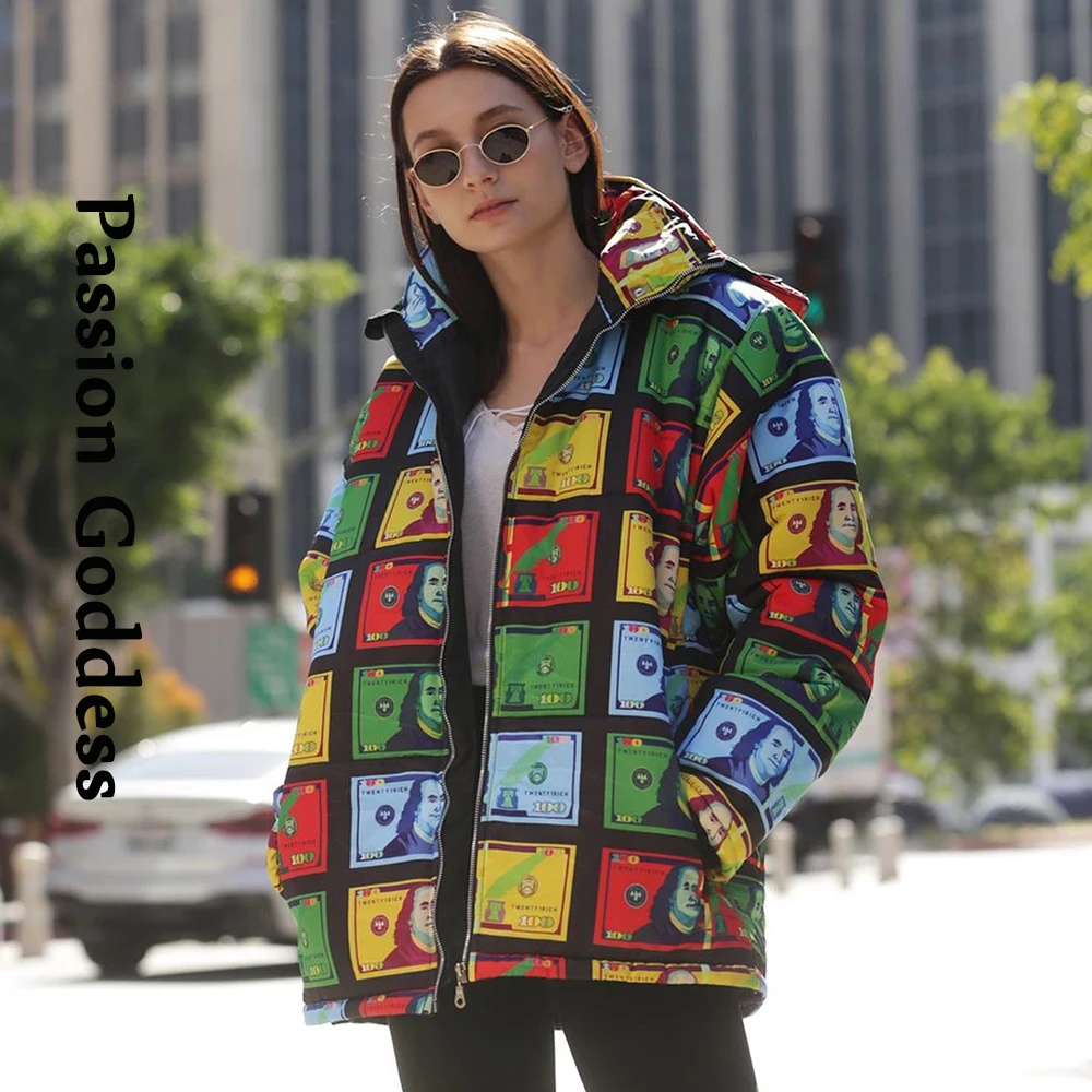 

Fashion Cool Women Colored US Dollar Money Printed Puffer Jackets Hoody Bubble Coat Oversized Down Parka Padded Hooded Jacket