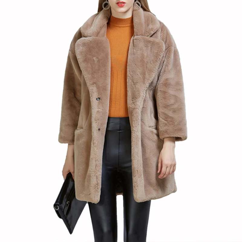 Winter Female Warm Faux Fur Jacket Turndown Collar Long Soft Plush Coat Loose Faux Fur Overcoat Office Lady Elegant Outerwear