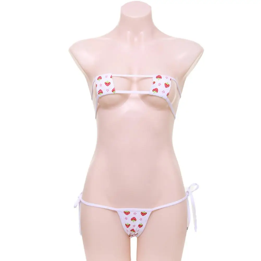 

Women Sexy Bikini Strawberry Block Lace Up Bra Panties Briefs Erotic Underwear
