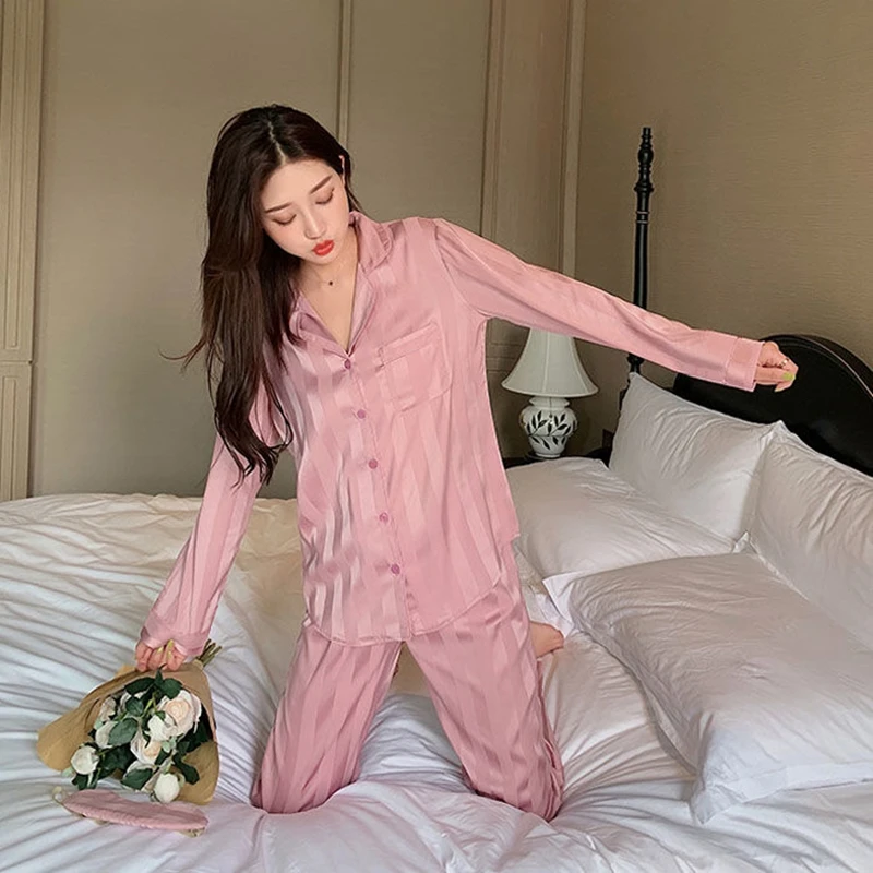 

Pajamas Sets for Women's Long-sleeve Trousers Suit Ice Silk Lapel Spring Autumn Home Clothing Loungewear Plus Size Sleepwear