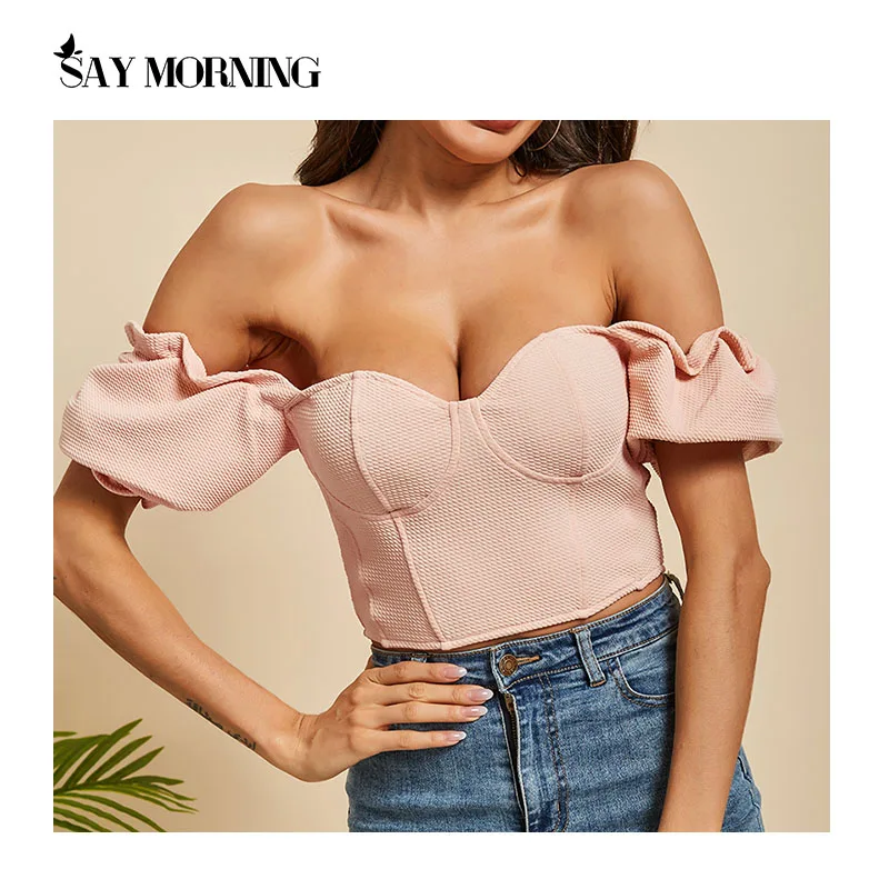 Женский укороченный топ с пышными рукавами SAY MORNING Розовый Повседневный короткий