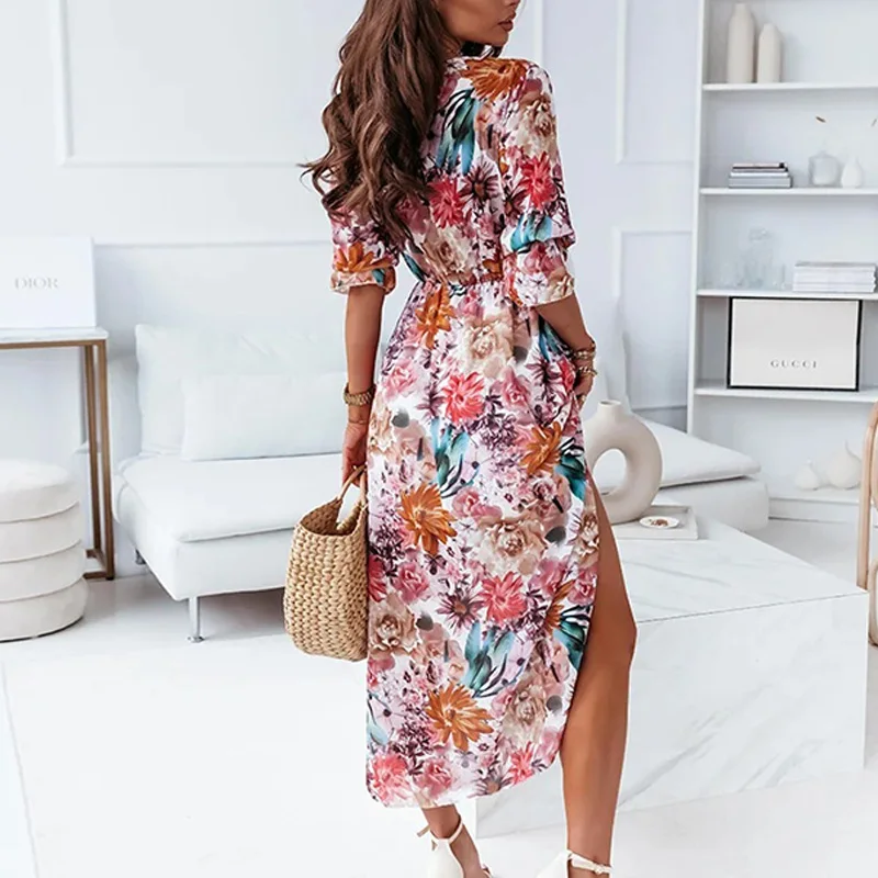 

Spring Floral Pring Split V Neck Long Dress Women Elegant beach Lady Party Dress Summer Short Sleeve Loose Boho Maxi Dress