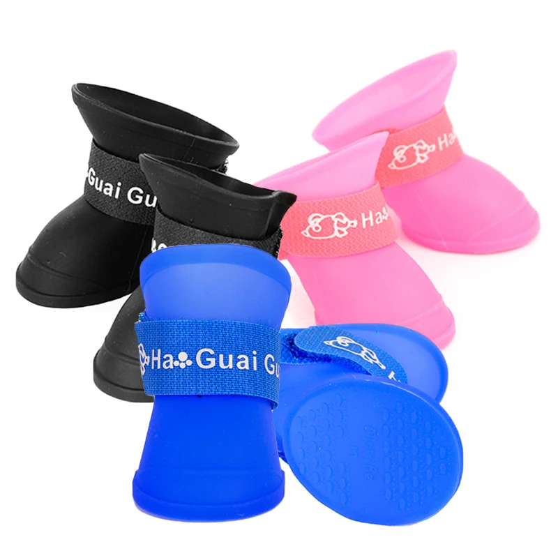 

4pcs/Set Pet Dog Waterproof Shoes Candy Colors Blue/Black/Pink Rubber Rain Boots Shoes For Small Dogs Cat S/M/L