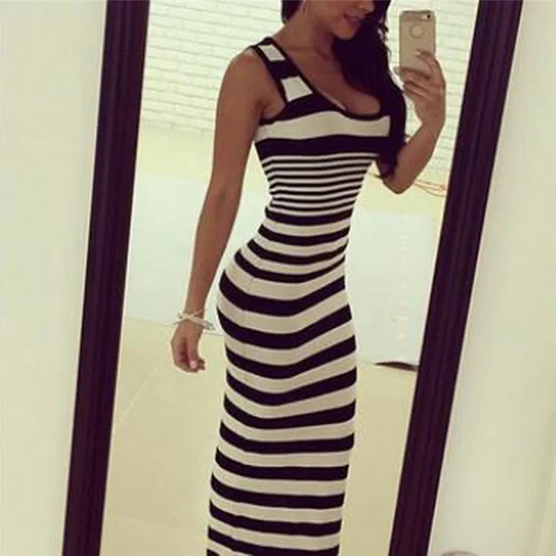 

2021 Women Bodycon Long Dresses Sexy Sleeveless Plus Size Dresses Summer Striped Vintage Skinny Party Maxi Dress Vestidos 3XL