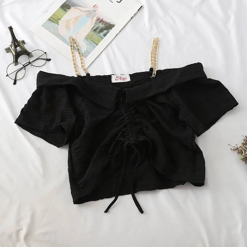 BLACK Heliar летняя Джокер с тонкими лямками одно слово воротник открытый плечо Drawstring рубашка с поясом с коротким рукавом и оборками Женская короткая рубашка - Цвет: BLACK