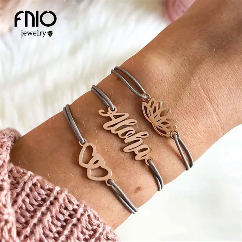 FNIO Bohemian Braided Bracelet Letter Double Love Lotus Set Three-Piece for Women's Jewelry Hot Sale Fashion Girl | Украшения и