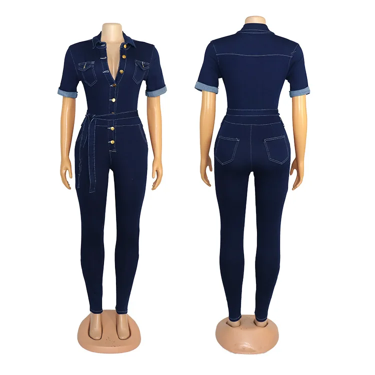 Женский джинсовый комбинезон с коротким рукавом синий Повседневный Облегающий
