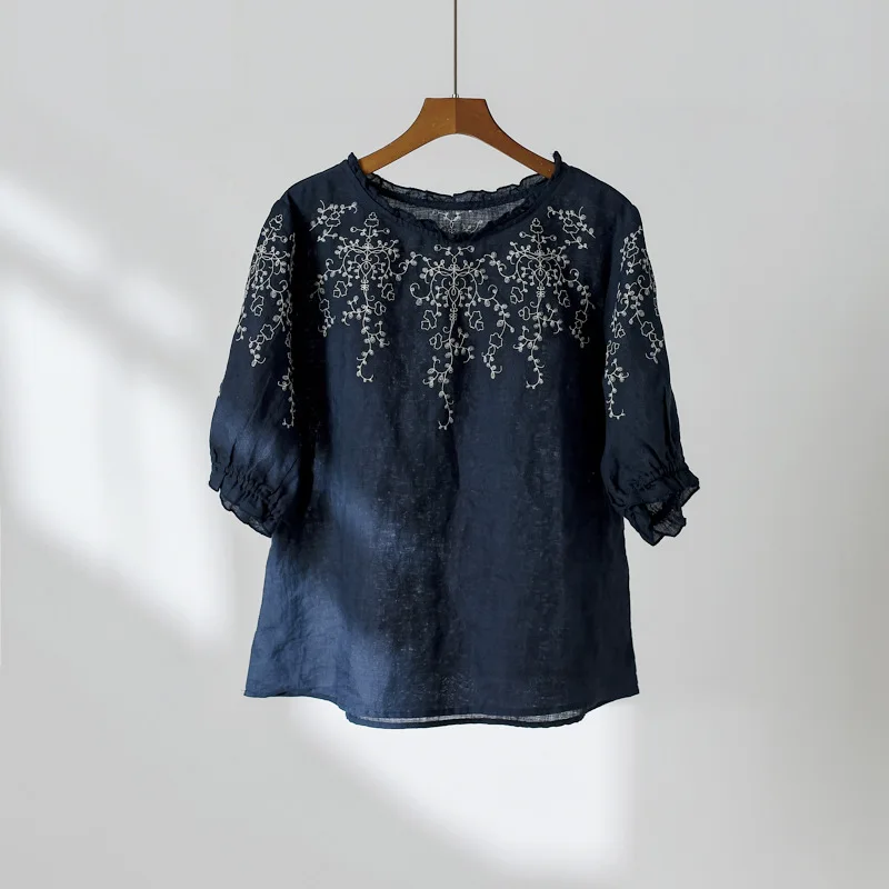 

2020 Summer New Women Embroidery Floral T-Shirts Ramie Lantern SleeveVintage Women Cloths Casual T-Shirts