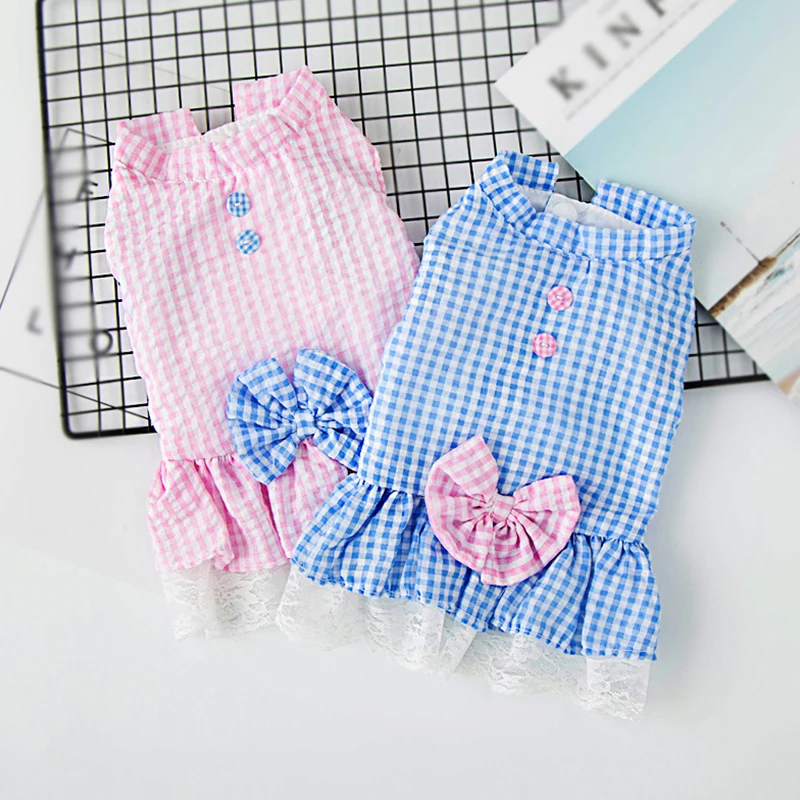 Летняя одежда для собак сине-розовое клетчатое кружевное платье кошки принцессы