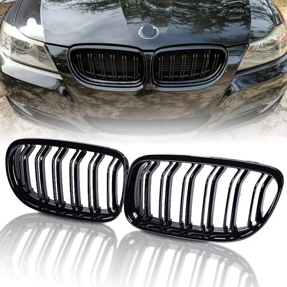 

Bright Black Double Line Front Bumper Grill Grille Car Front Grille Car Accessories Compatible for BMW E90/E91