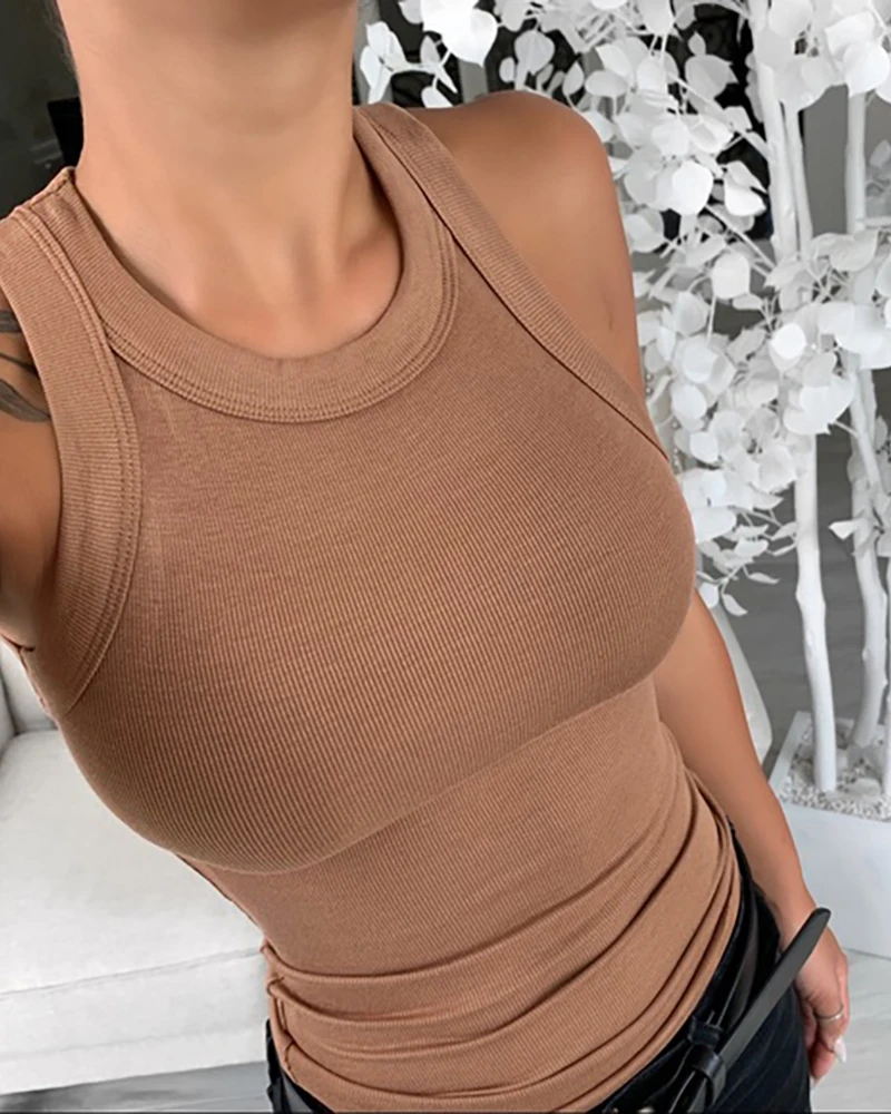 

Women Solid Round Neck Ribbed Tank Top Camisole Women Summer Basic Elastic Tank Top O Neck Solid Tank Top Plus Size