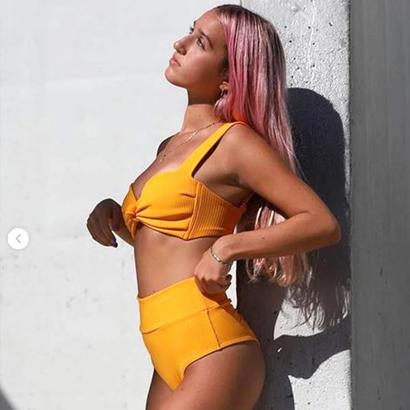 

Split Swimsuit Sexy Bikini Solid Color High Waist Swimsuit bathing suits woman 2020