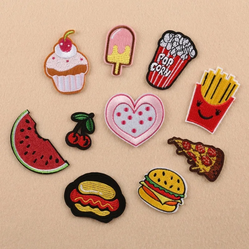 

50pcs/lot Hamburger French Fries Embroidery Patches Letters Clothing Decoration Accessories Diy Iron Heat Transfer Applique