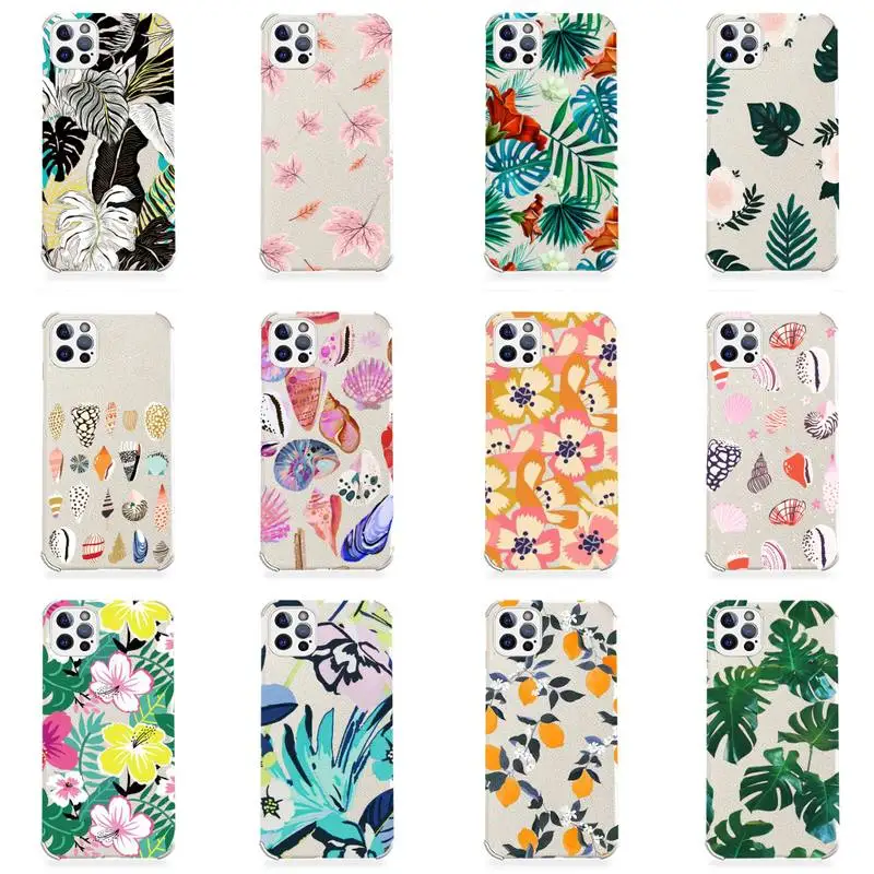 

Fashion Colorful Flower Leaves Conch PhoneCase Lambskin Leather For iphone 12 11 8 7 6 XR X XS PLUS MINI PLUS PRO MAX Shockproof