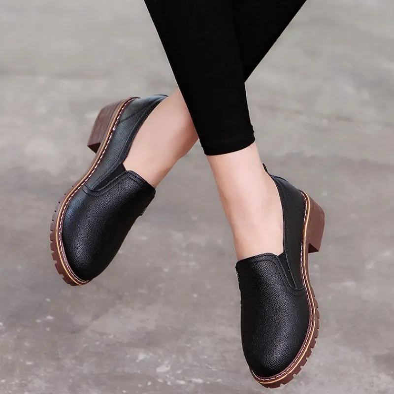 

British Women PU Leather Casual Round Toe Oxfords Vintage Low Heel Brogues Slip On Office Ladies Flats Shoes Size 35-42