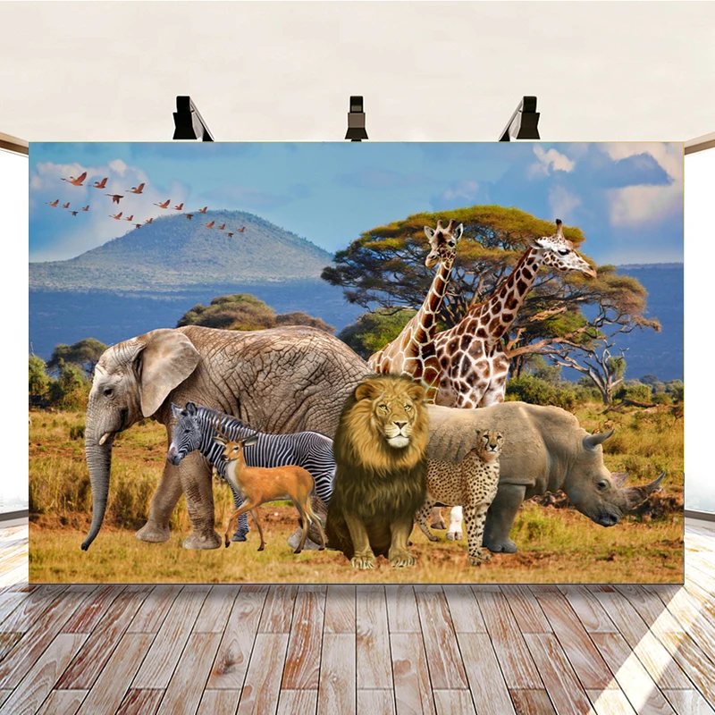 

Lion Giraffe Animal Gathering Spring African Savannah Backdrop Travel Picture Studio Photography Photo Vinyl Background Cloth