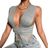 women clothing sexy polyester sleeveless hollow out vest cross bandages tank tops solid color basic camisole