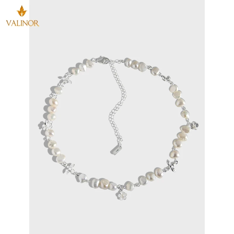 

Простой натуральный жемчуг маленькие серьги-подвески с цветочным украшением из чистого Весна серебро ожерелье Женская цепочка с кулоном, ...