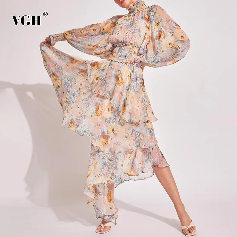 

VGH Vintage Hollow Out Dress For Women Stand Collar Lantern Long Sleeve High Waist Irregular Hem Maxi Dresses Female Summer 2021