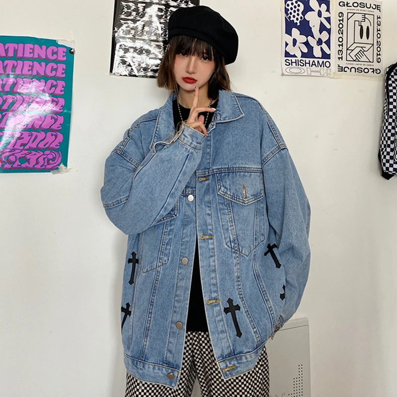 

2021 New Women's Suit Jacket Tide Brand Ins Retro Street Solid Color Cross Embroidery Wash Tooling Plus Size Denim Jacket