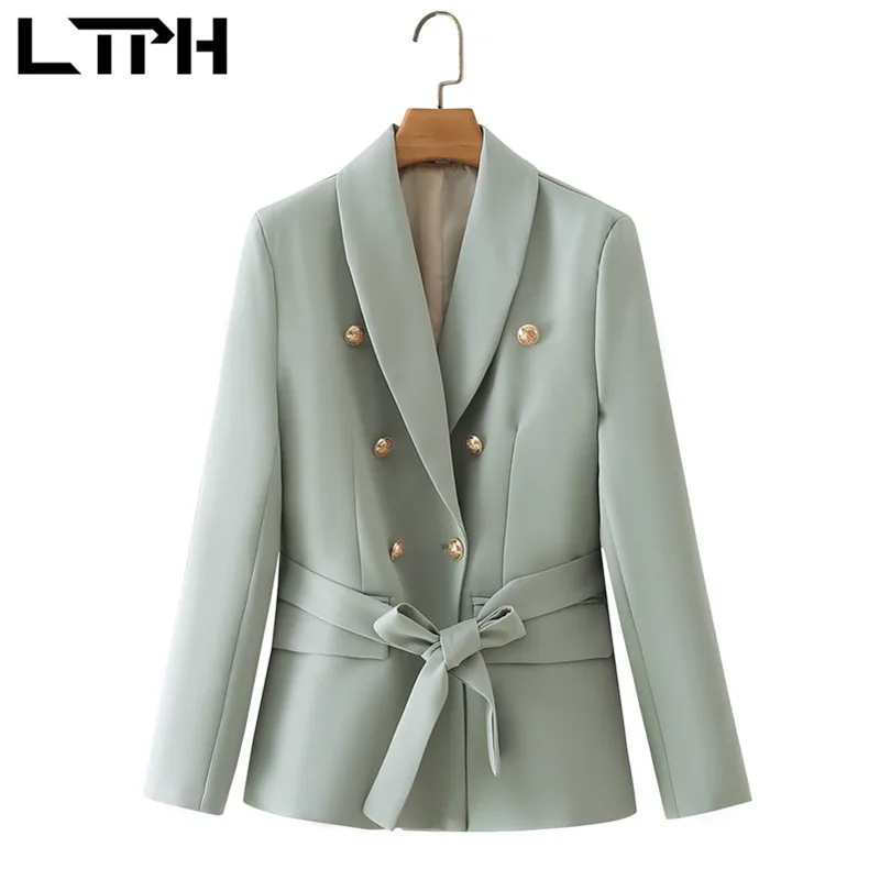 

LTPH metal double breasted green blazer women long sleeve Jackets casual high-waist sashes slim Lady Suit Coat 2021 autumn new
