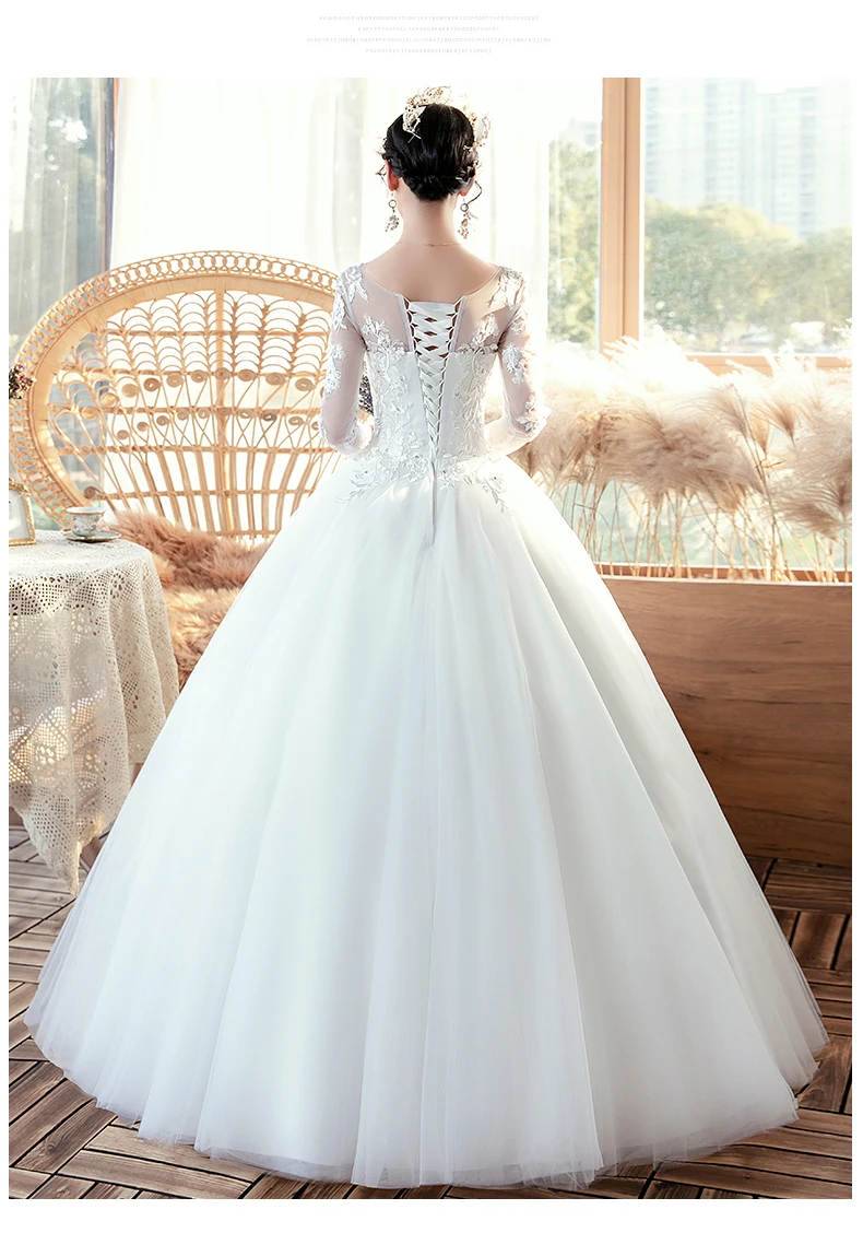 

Women's wedding dress lace embroidery O neck plus size bridal Muslim wedding gown
