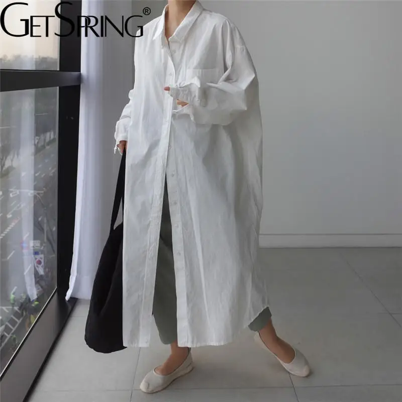 

GetSpring Women Dress Long Sleeve Single Breasted Loose Casual Oversized Cotton Shirt Dresses White Black Autumn 2021 Fashion